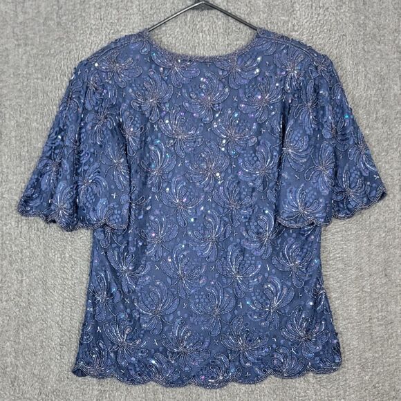 Laurence Kazar Blouse Womens M Blue Short Sleeve Sequin Beaded Shimmer Top - Picture 8 of 13